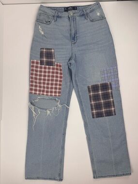 Hollister Light Wash Straight-Leg Jeans with Plaid Patchwork